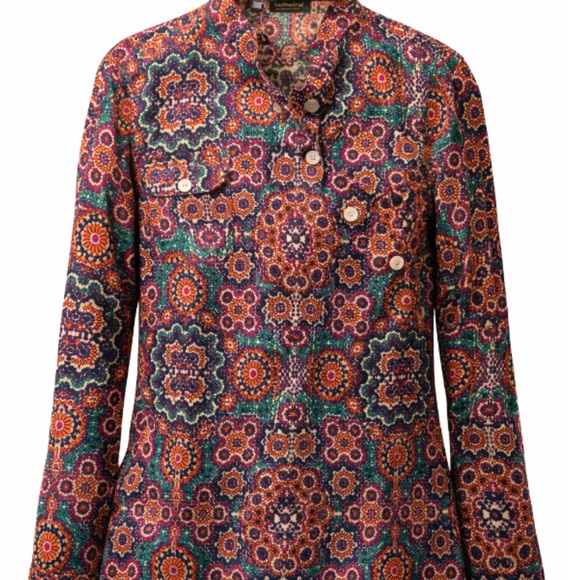 NWT Organic Cotton Boho Retro Floral Print Mandarin Collar Button Up Blouse Top - Picture 3 of 8